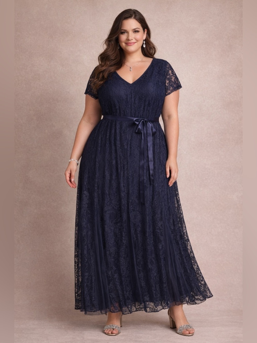 Candalite Women’s Navy Blue Floral Lace Maxi Dress 3X Satin Tie Belt